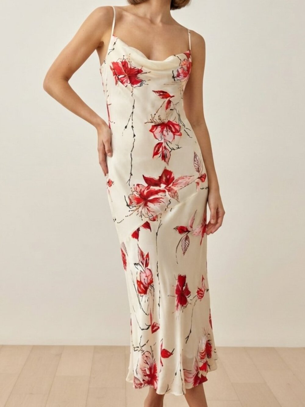 Vintage Y2K Silk Bias Cut Slip Dress Ivory Red Floral Cowl Neck Midi Small Med
